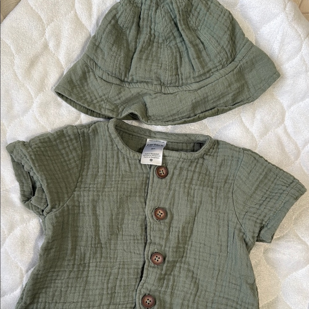 Carters Green Button-Up Baby Outfit with Hat